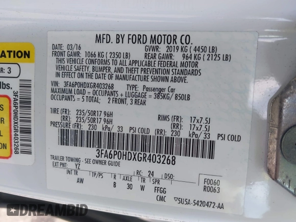 2016 Ford Fusion SE with VIN 3FA6P0HDXGR403268, listed as a IAAI auction lot 41936911 with 165,074 mi miles. Bid and sale history available at carsss.com. Image 9.
