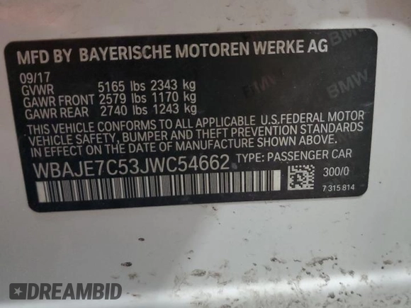 2018 BMW 5 Series 540i xDrive with VIN WBAJE7C53JWC54662, listed as a Copart auction lot 63703595 with 96,523 mi miles and Salvage title. Bid and sale history available at DreamBid. Image 12.