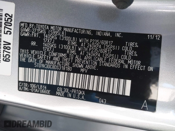 2013 Toyota Sienna XLE AAS with VIN 5TDYK3DC8DS318180, listed as a IAAI auction lot 42374479 with 189,977 mi miles and . Bid and sale history available at DreamBid. Image 9.