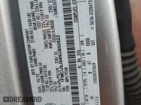 2022 Ford Escape Titanium with VIN 1FMCU9J94NUB02822, listed as a Copart auction lot 53014685 with 35,285 mi miles and Salvage title. Bid and sale history available at DreamBid. Image 14.