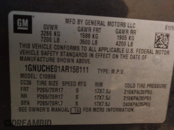 2010 Chevrolet Suburban LS with VIN 1GNUCHE01AR158111, listed as a IAAI auction lot 41602157 with 263,227 mi miles. Bid and sale history available at carsss.com. Image 9.