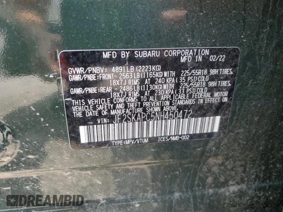 2022 Subaru Forester Limited z VIN JF2SKAPC5NH450472, wystawiony jako Copart lot #59840915 z przebiegiem 30 406 mil mil oraz Szkoda całkowita • Salvage title. Historia ofert i sprzedaży dostępna na DreamBid. Obrazek 13.
