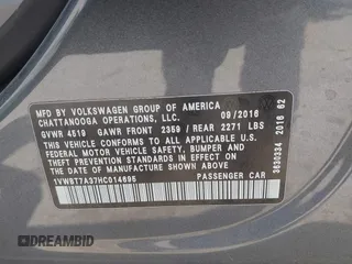 2017 Volkswagen Passat 1.8T SE with VIN 1VWBT7A37HC014695, listed as a IAAI auction lot 41816781 with 185,436 mi miles. Bid and sale history available at carsss.com. Image 9.
