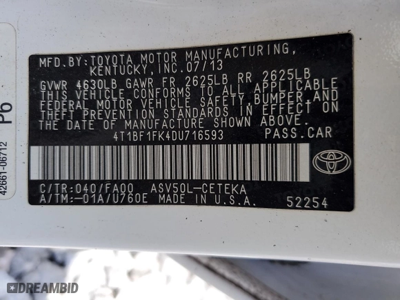 2013 Toyota Camry L with VIN 4T1BF1FK4DU716593, listed as a Copart auction lot 51503005 with 270,694 mi miles and Salvage Title. Bid and sale history available at carsss.com. Image 12.