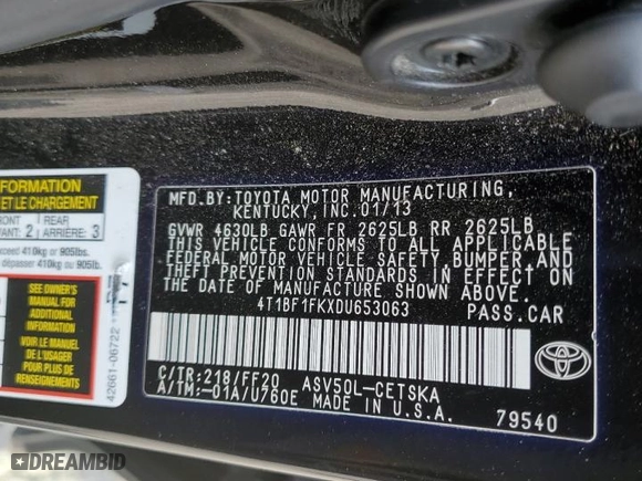 2013 Toyota Camry L with VIN 4T1BF1FKXDU653063, listed as a Copart auction lot 49461125 with 131,823 mi miles and Salvage Title. Bid and sale history available at carsss.com. Image 15.