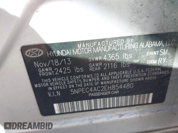 2014 Hyundai Sonata SE with VIN 5NPEC4AC2EH854480, listed as a IAAI auction lot 41784435 with 119,576 mi miles and . Bid and sale history available at DreamBid. Image 9.