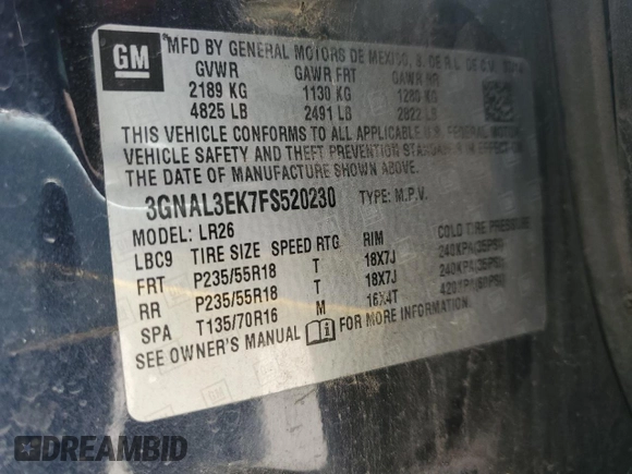 2015 Chevrolet Captiva Sport LT with VIN 3GNAL3EK7FS520230, listed as a Copart auction lot 52396175 with Not Provided miles and Salvage Title. Bid and sale history available at DreamBid. Image 14.