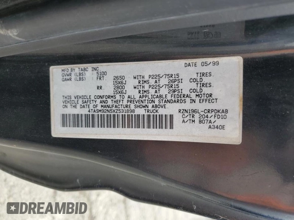 1999 Toyota Tacoma PreRunner with VIN 4TASM92N5XZ531898, listed as a Copart auction lot 54453895 with 172,157 mi miles and Salvage title. Bid and sale history available at DreamBid. Image 12.