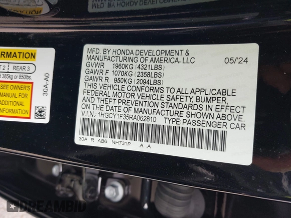 2024 Honda Accord EX with VIN 1HGCY1F35RA062810, listed as a IAAI auction lot 41944178 with 10,424 mi miles and . Bid and sale history available at DreamBid. Image 9.