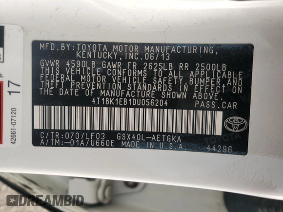 2013 Toyota Avalon XLE with VIN 4T1BK1EB1DU056204, listed as a Copart auction lot 61226095 with 111,938 mi miles and Salvage title. Bid and sale history available at DreamBid. Image 12.