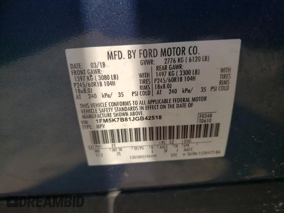 2018 Ford Explorer with VIN 1FM5K7B81JGB42518, listed as a Copart auction lot 45820172 with Not provided miles and Salvage title. Bid and sale history available at DreamBid. Image 10.