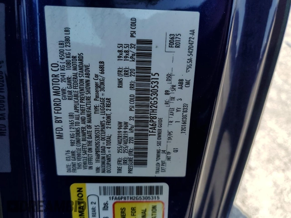2016 Ford Mustang EcoBoost with VIN 1FA6P8TH2G5305315, listed as a Copart auction lot 52445595 with 96,877 mi miles and Salvage Title. Bid and sale history available at carsss.com. Image 12.