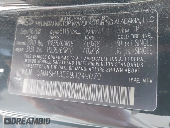 2009 Hyundai Santa Fe SE с VIN 5NMSH13E59H249079, выставлен на аукционе IAAI как лот 42450235 с пробегом 149 477 миль миль и . История ставок и продаж доступна на DreamBid. Изображение 9.