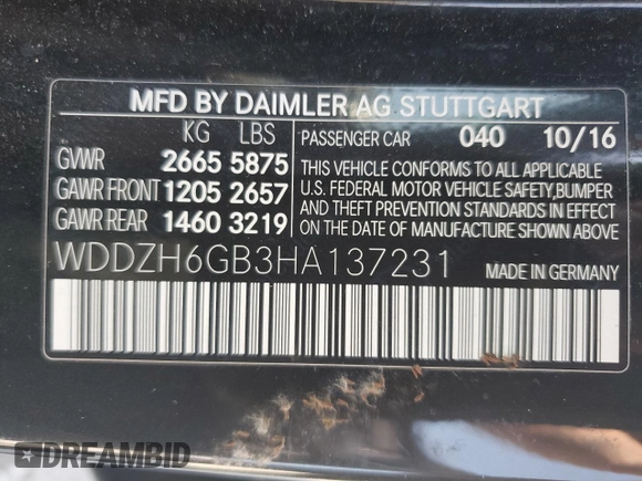 2017 Mercedes-Benz E-Class E 400 Luxury with VIN WDDZH6GB3HA137231, listed as a Copart auction lot 58260203 with 0 mi miles. Bid and sale history available at carsss.com. Image 12.