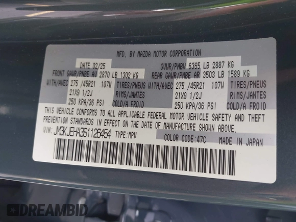 2025 Mazda CX-70 Premium Plus with VIN JM3KJEHA3S1126454, listed as a IAAI auction lot 42427454 with 5,648 mi miles and . Bid and sale history available at DreamBid. Image 9.