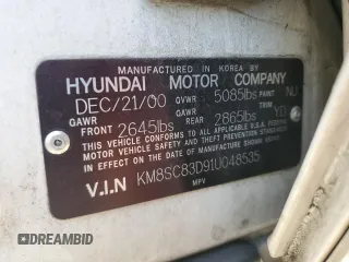 2001 Hyundai Santa Fe GLS with VIN KM8SC83D91U048535, listed as a Copart auction lot 85041184 with 218,621 mi miles and Salvage Title. Bid and sale history available at carsss.com. Image 13.