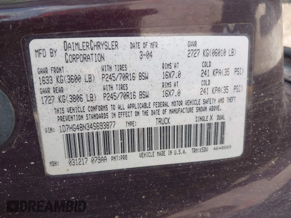 2004 Dodge Dakota SLT z VIN 1D7HG48N34S693877, wystawiony jako IAAI lot #42423197 z przebiegiem 163 141 mil mil oraz . Historia ofert i sprzedaży dostępna na DreamBid. Obrazek 9.