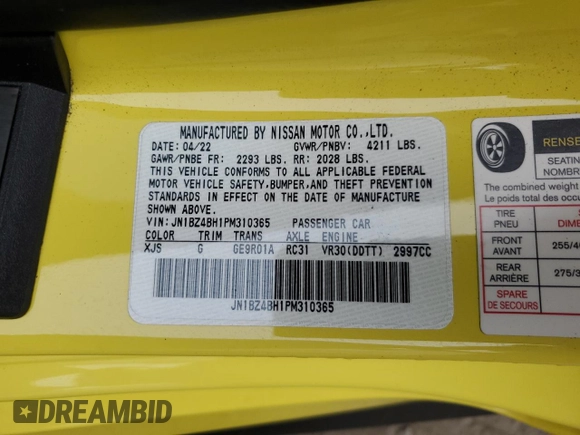 2023 Nissan Z Performance z VIN JN1BZ4BH1PM310365, wystawiony jako Copart lot #73693544 z przebiegiem 10 320 mil mil oraz Szkoda całkowita • Salvage title. Historia ofert i sprzedaży dostępna na DreamBid. Obrazek 12.