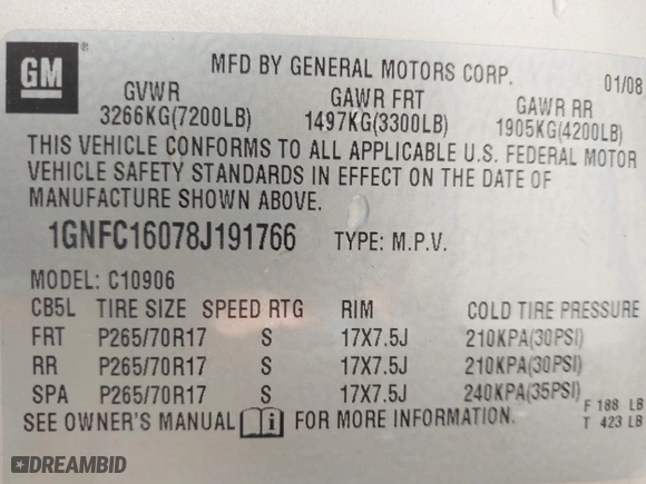 2008 Chevrolet Suburban LTZ with VIN 1GNFC16078J191766, listed as a IAAI auction lot 40743246 with 210,713 mi miles. Bid and sale history available at carsss.com. Image 9.