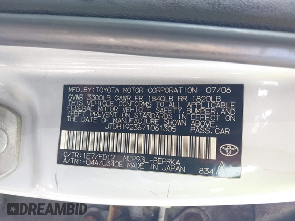 2007 Toyota Yaris with VIN JTDBT923671061305, listed as a IAAI auction lot 41974027 with 261,995 mi miles and . Bid and sale history available at DreamBid. Image 9.