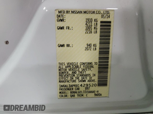 2014 Nissan Altima S with VIN 1N4AL3AP4EC429520, listed as a Copart auction lot 55657975 with 161,699 mi miles and Non Repairable. Bid and sale history available at DreamBid. Image 13.