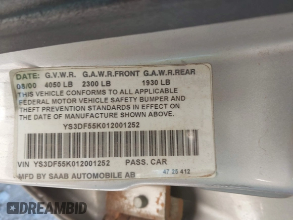 2001 Saab 9-3 z VIN YS3DF55K012001252, wystawiony jako IAAI lot #41852172 z przebiegiem 149 772 mil mil oraz . Historia ofert i sprzedaży dostępna na DreamBid. Obrazek 9.