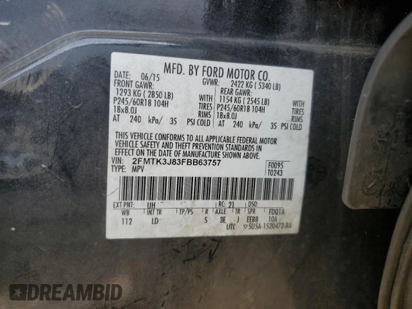 2015 Ford Edge SEL with VIN 2FMTK3J83FBB63757, listed as a Copart auction lot 50160685 with 192,761 mi miles and Salvage Title. Bid and sale history available at carsss.com. Image 14.