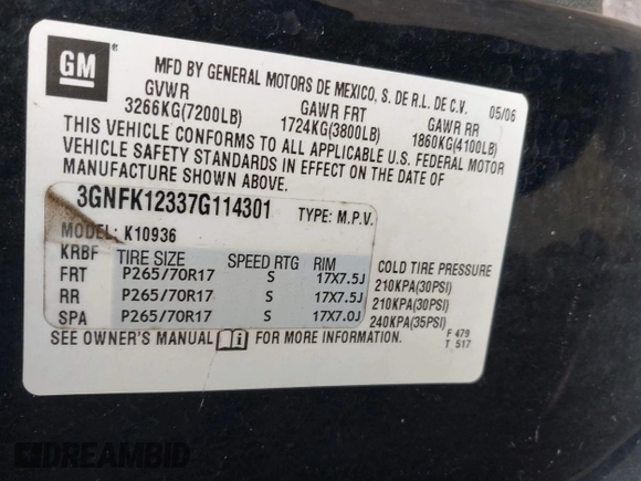 2007 Chevrolet Avalanche 3LT z VIN 3GNFK12337G114301, wystawiony jako IAAI lot #41608771 z przebiegiem Nie podano mil oraz . Historia ofert i sprzedaży dostępna na DreamBid. Obrazek 9.