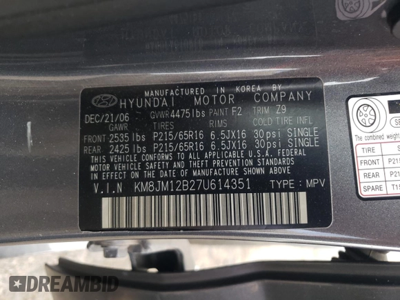 2007 Hyundai Tucson GLS with VIN KM8JM12B27U614351, listed as a Copart auction lot 69491404 with 127,278 mi miles and Salvage Title. Bid and sale history available at carsss.com. Image 15.