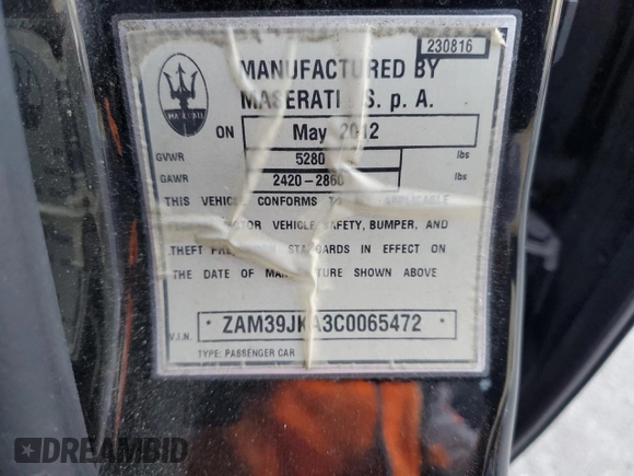 2012 Maserati Quattroporte S z VIN ZAM39JKA3C0065472, wystawiony jako Copart lot #82330244 z przebiegiem 56 883 mil mil oraz Szkody całkowita. Historia ofert i sprzedaży dostępna na DreamBid. Obrazek 12.