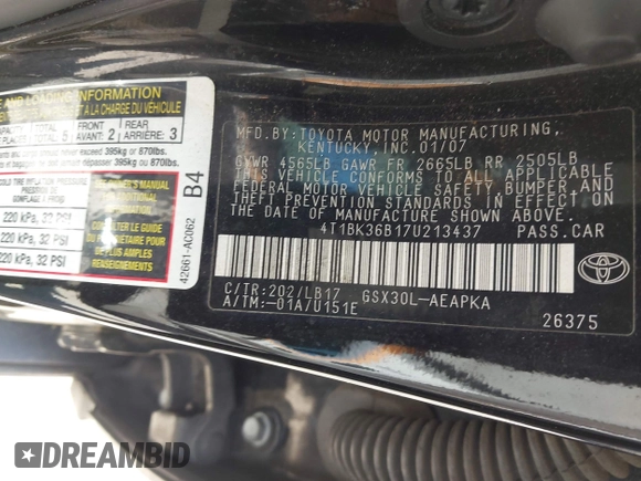 2007 Toyota Avalon XL z VIN 4T1BK36B17U213437, wystawiony jako IAAI lot #42040122 z przebiegiem 130 645 mil mil oraz . Historia ofert i sprzedaży dostępna na DreamBid. Obrazek 9.