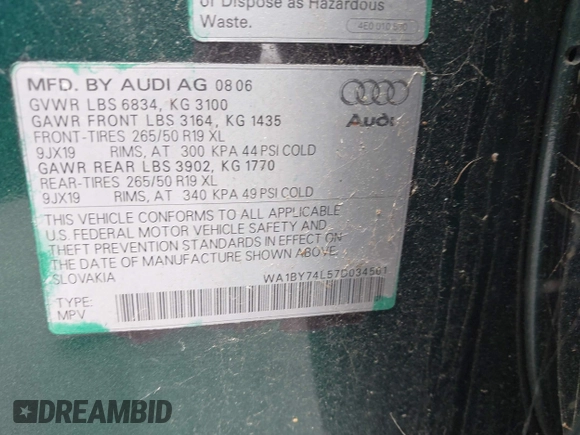 2007 Audi Q7 Premium z VIN WA1BY74L57D034561, wystawiony jako IAAI lot #42730657 z przebiegiem 174 110 mil mil oraz . Historia ofert i sprzedaży dostępna na DreamBid. Obrazek 9.