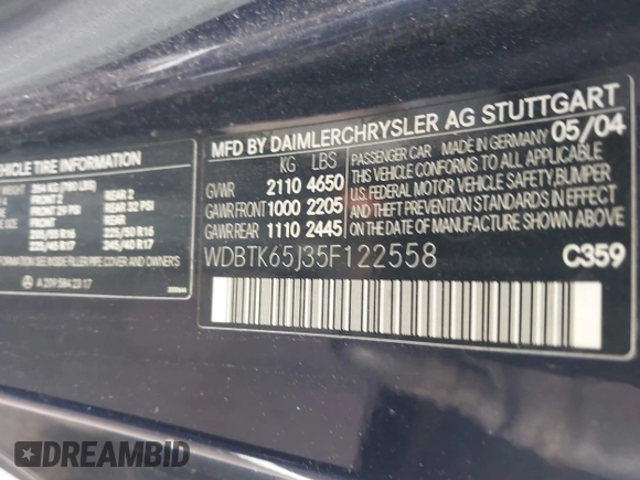 2005 Mercedes-Benz CLK 320 with VIN WDBTK65J35F122558, listed as a IAAI auction lot 42126010 with 182,199 mi miles and . Bid and sale history available at DreamBid. Image 9.