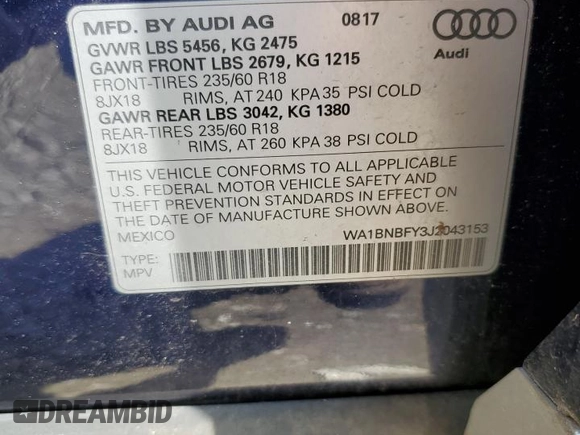 2018 Audi Q5 Premium Plus with VIN WA1BNBFY3J2043153, listed as a Copart auction lot 61802755 with 34,583 mi miles and Salvage title. Bid and sale history available at DreamBid. Image 13.