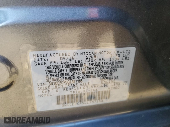 2016 Nissan Note SV with VIN 3N1CE2CP5GL397188, listed as a Copart auction lot 48573765 with 122,192 mi miles and Salvage Title. Bid and sale history available at DreamBid. Image 12.