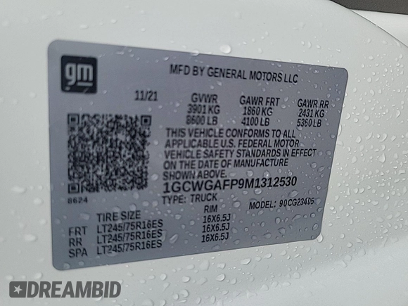 2021 Chevrolet Express Cargo with VIN 1GCWGAFP9M1312530, listed as a IAAI auction lot 42352721 with 83,370 mi miles and . Bid and sale history available at DreamBid. Image 1.