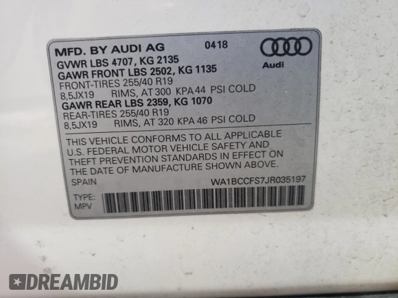 2018 Audi Q3 Premium with VIN WA1BCCFS7JR035197, listed as a Copart auction lot 40069483 with 41,513 mi miles. Bid and sale history available at carsss.com. Image 14.
