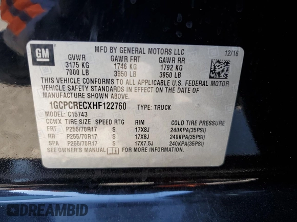 2017 Chevrolet Silverado 1500 LT with VIN 1GCPCRECXHF122760, listed as a Copart auction lot 75567124 with 70,535 mi miles and Salvage Title. Bid and sale history available at DreamBid. Image 14.