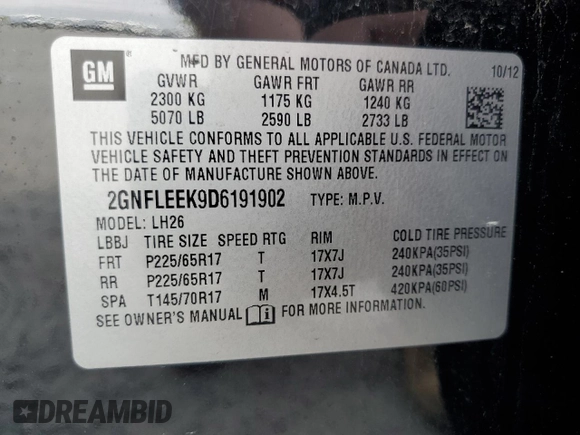 2013 Chevrolet Equinox LT with VIN 2GNFLEEK9D6191902, listed as a Copart auction lot 56036245 with 135,287 mi miles and Clean Title. Bid and sale history available at DreamBid. Image 12.