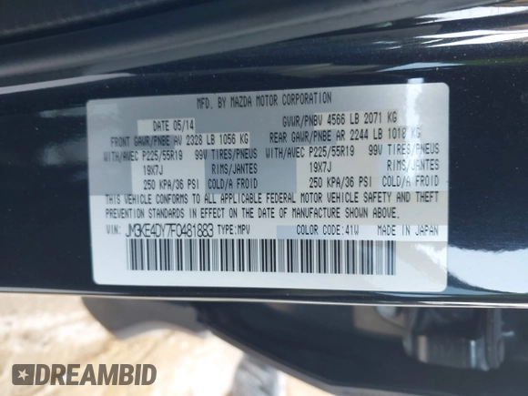 2015 Mazda CX-5 Grand Touring with VIN JM3KE4DY7F0481883, listed as a IAAI auction lot 42091709 with 184,248 mi miles and . Bid and sale history available at DreamBid. Image 9.
