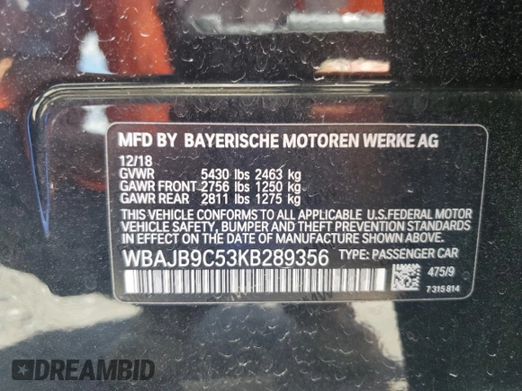 2019 BMW 5 Series M550i xDrive with VIN WBAJB9C53KB289356, listed as a Copart auction lot 57814535 with 60,454 mi miles and Clean title. Bid and sale history available at DreamBid. Image 13.