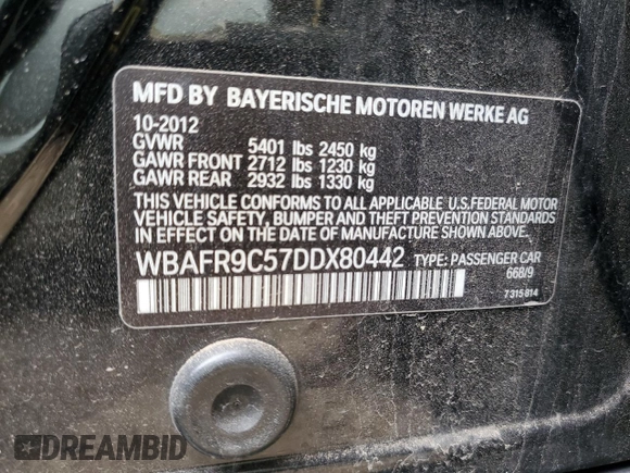 2013 BMW 5 Series 550i with VIN WBAFR9C57DDX80442, listed as a Copart auction lot 54935275 with 92,346 mi miles and Clean Title. Bid and sale history available at carsss.com. Image 12.