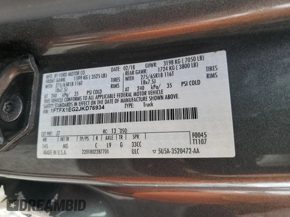 2018 Ford F-150 XL с VIN 1FTFX1EG2JKD76934, выставлен на аукционе Copart как лот 57383195 с пробегом 118 222 миль миль и Списание • Salvage title. История ставок и продаж доступна на DreamBid. Изображение 12.