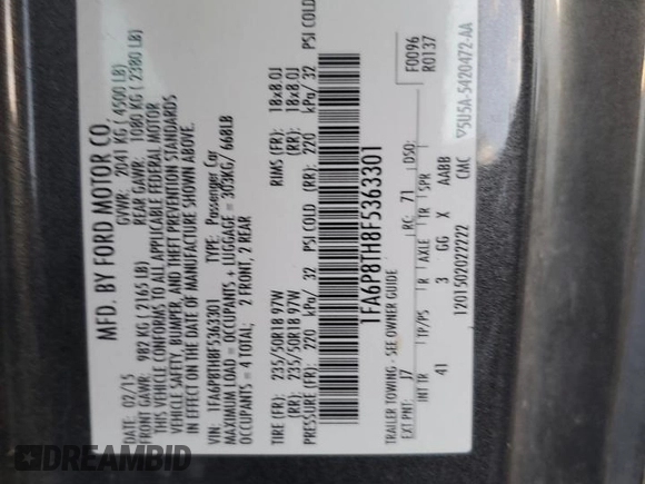 2015 Ford Mustang EcoBoost с VIN 1FA6P8TH8F5363301, выставлен на аукционе Copart как лот 75266024 с пробегом 165 987 миль миль и Списание • Salvage title. История ставок и продаж доступна на DreamBid. Изображение 14.
