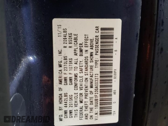 2016 Acura TLX with VIN 19UUB1F33GA003273, listed as a Copart auction lot 45432345 with 67,490 mi miles and Salvage Title. Bid and sale history available at carsss.com. Image 12.
