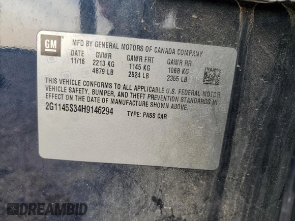 2017 Chevrolet Impala Premier with VIN 2G1145S34H9146294, listed as a Copart auction lot 59054975 with 115,128 mi miles and Salvage title. Bid and sale history available at DreamBid. Image 13.