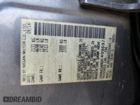 2014 Nissan Maxima S with VIN 1N4AA5AP6EC499697, listed as a Copart auction lot 54631005 with Not Provided miles and Clean Title. Bid and sale history available at DreamBid. Image 12.