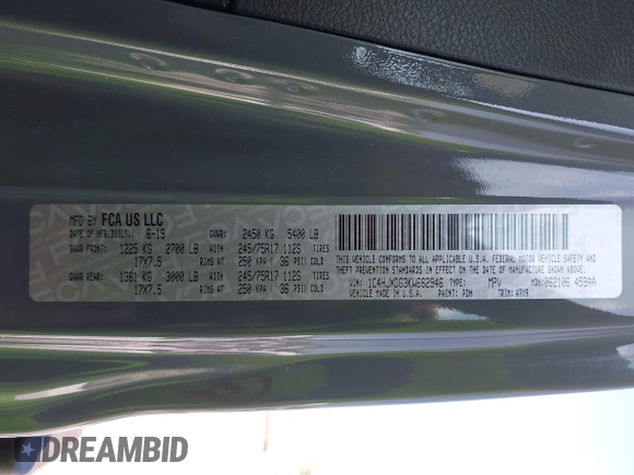 2019 Jeep Wrangler Unlimited Sport S with VIN 1C4HJXDG3KW662946, listed as a IAAI auction lot 42157025 with 26,096 mi miles and . Bid and sale history available at DreamBid. Image 9.