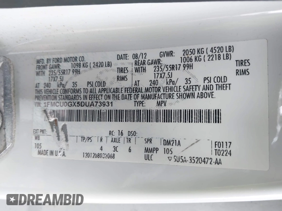 2013 Ford Escape SE with VIN 1FMCU0GX5DUA73931, listed as a IAAI auction lot 42080361 with 152,416 mi miles and . Bid and sale history available at DreamBid. Image 9.