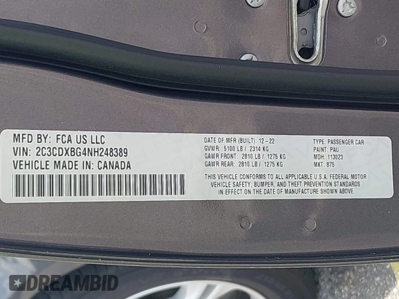2022 Dodge Charger SXT with VIN 2C3CDXBG4NH248389, listed as a IAAI auction lot 42144728 with 54,132 mi miles and . Bid and sale history available at DreamBid. Image 9.